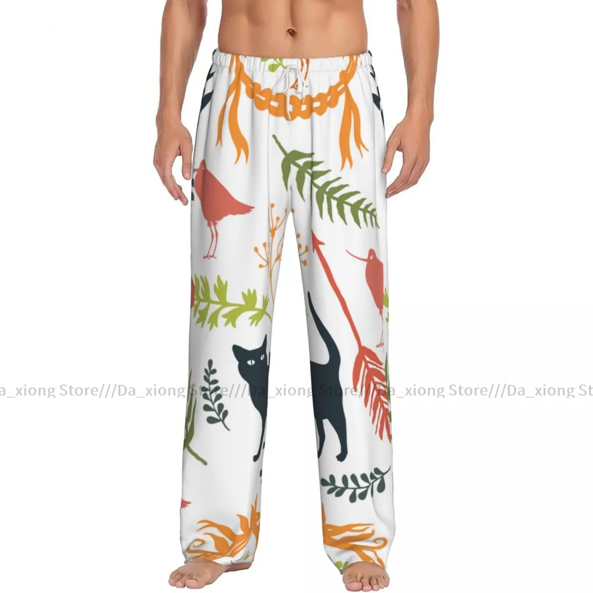 Birds Cats Flowers Twigs Mens Pajamas Pyjamas Pants Lounge Pants Sleep Bottoms