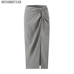 KEYANKETIAN Autumn New Women's Waist Knotted Decoration Design Skirt Chic Sexy Front Knot Slit Zip-up Ankle-Length MIDI Skirt