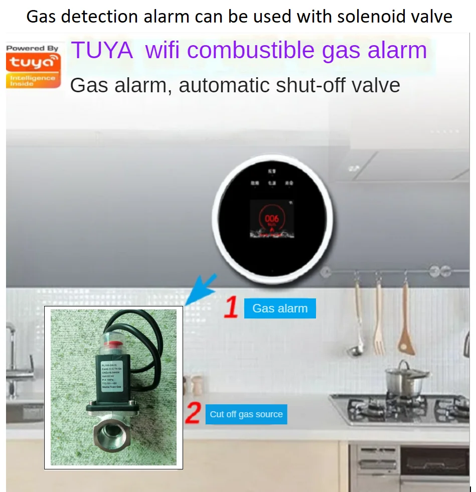 Tuya WIFI Home Gas Alarm Kitchen Gas Leak Detector Solenoid Valve Combustible Gas Alarm