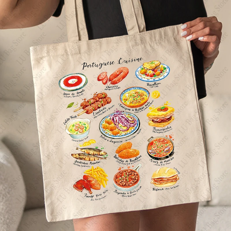 Portuguese Cuisine Tote Bag Portugal Travel Gifts Portugal Shoulder Bags Portuga Trip Merchandise Pattern Canvas Shopping Bag