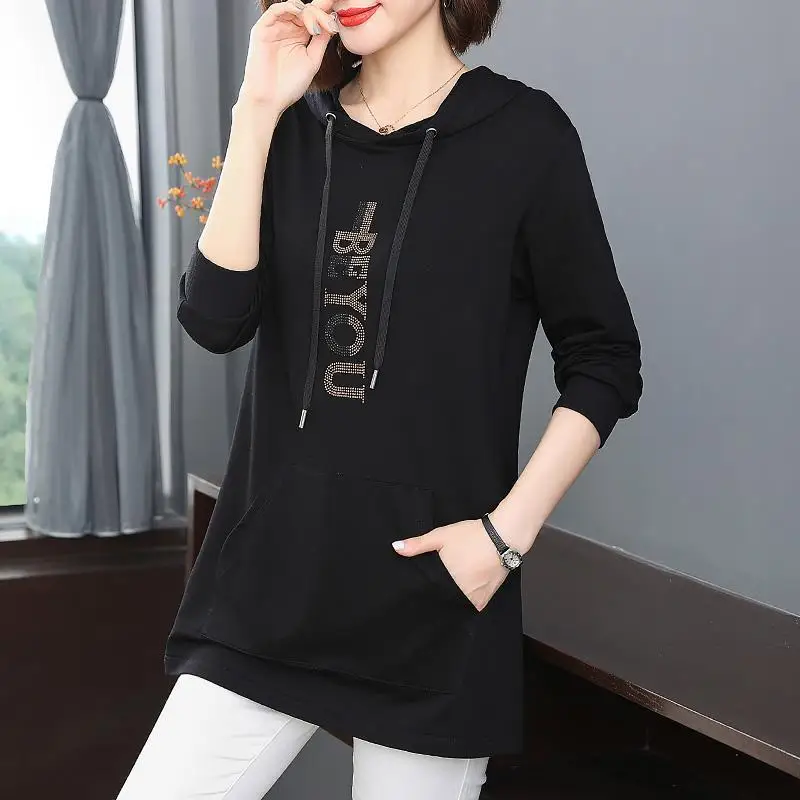 Fashion Spliced Pockets Letter Diamonds Hooded T-Shirts Women\'s Clothing 2024 Autumn New Loose Casual Tops Commuter Tee Shirt