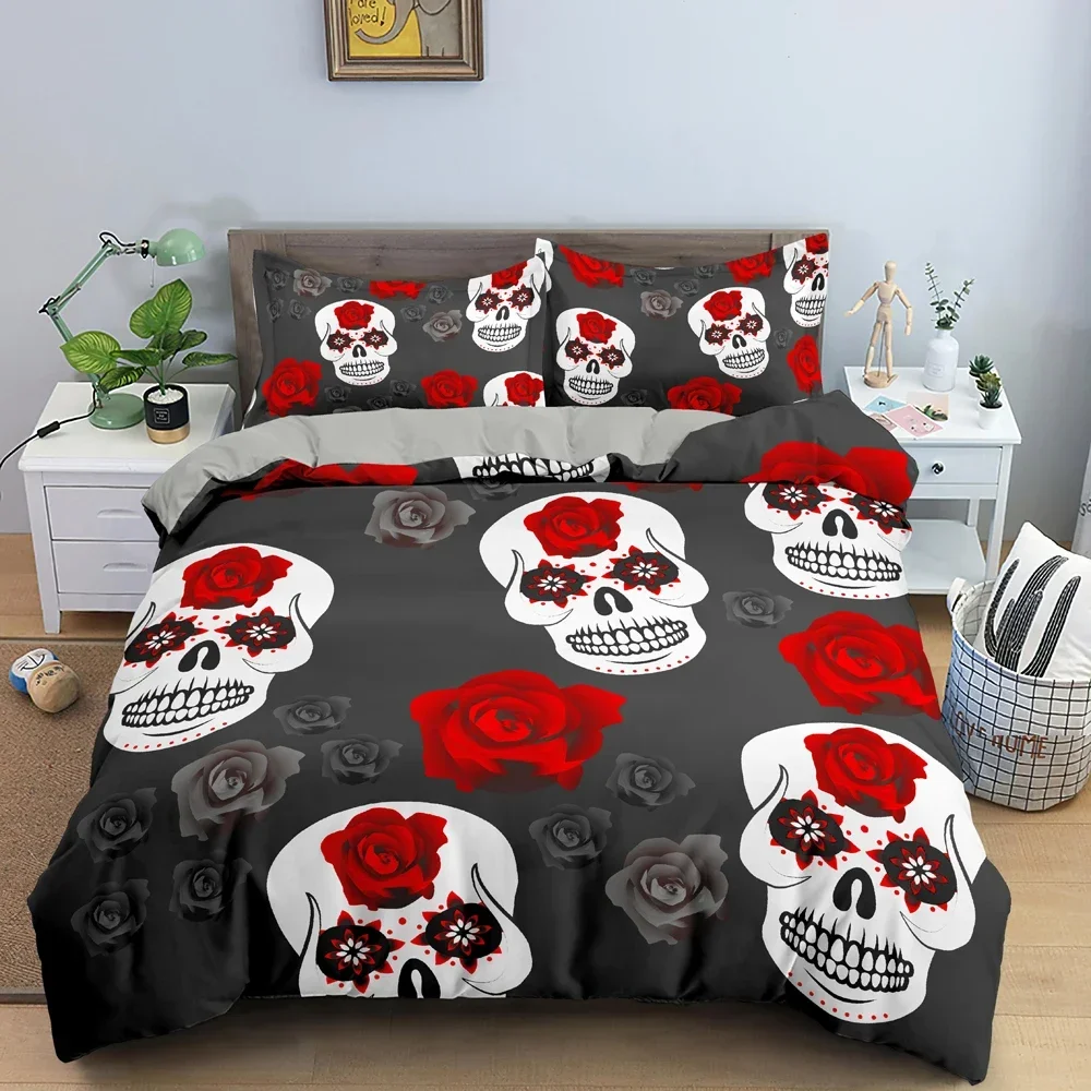 

3D Sugar Flowers Skull Terror Comfortable Duvet Quilt Cover Pillowcase Bedding Set Children Bedroom Decoration Home Textile