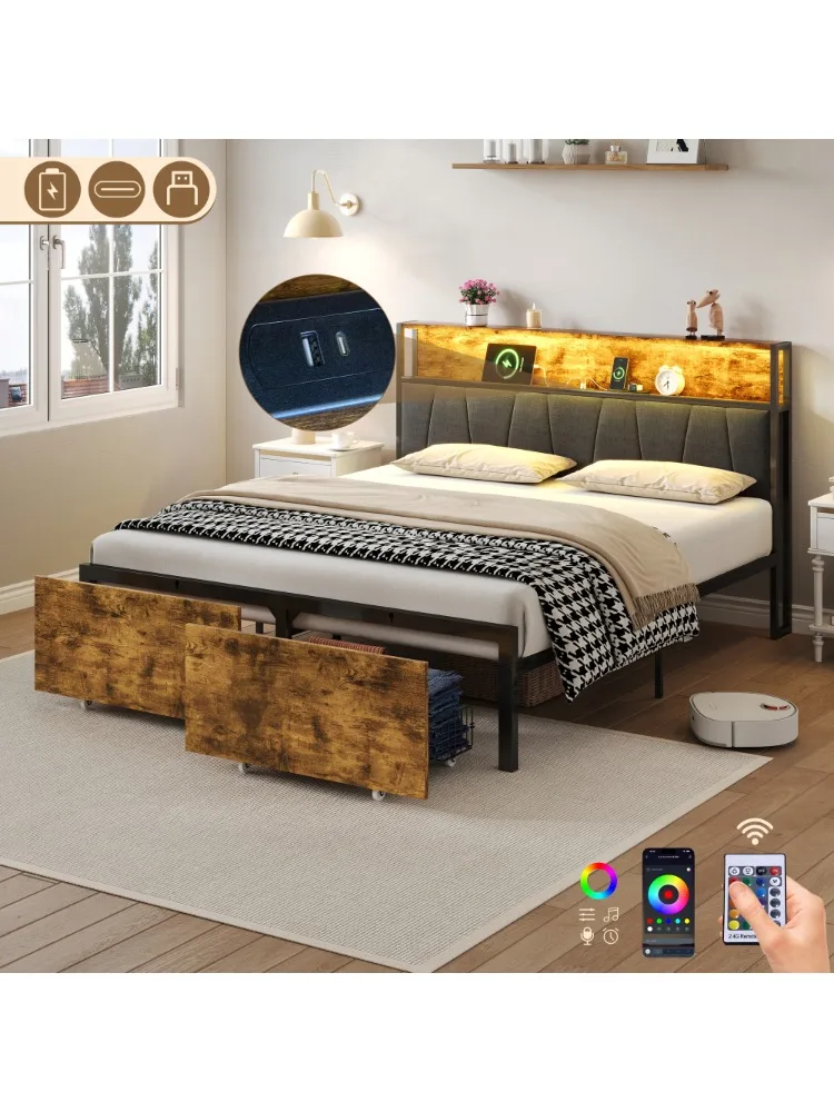 Ye 4ft6 Double Bed Frame with 2 Storage Drawers, RGB LED Storage Headboard with Charging Station, Black+Walnut (No Mattress)
