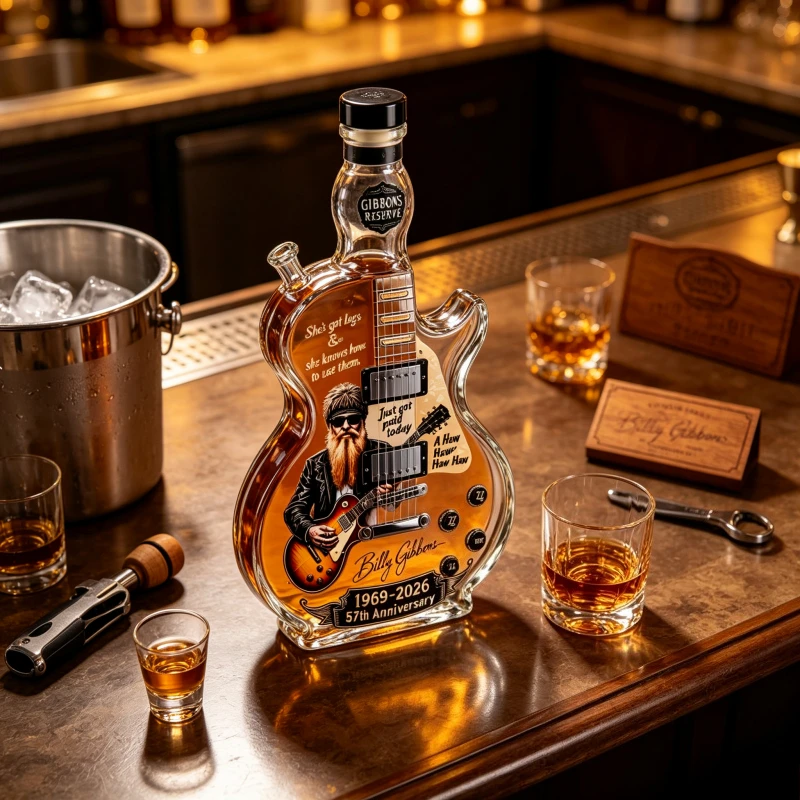 Billy Gibbons Guitar Glass Whiskey Decanter 1969-2026 Anniversary Decorative Liquor Bottle Music Lover Gift
