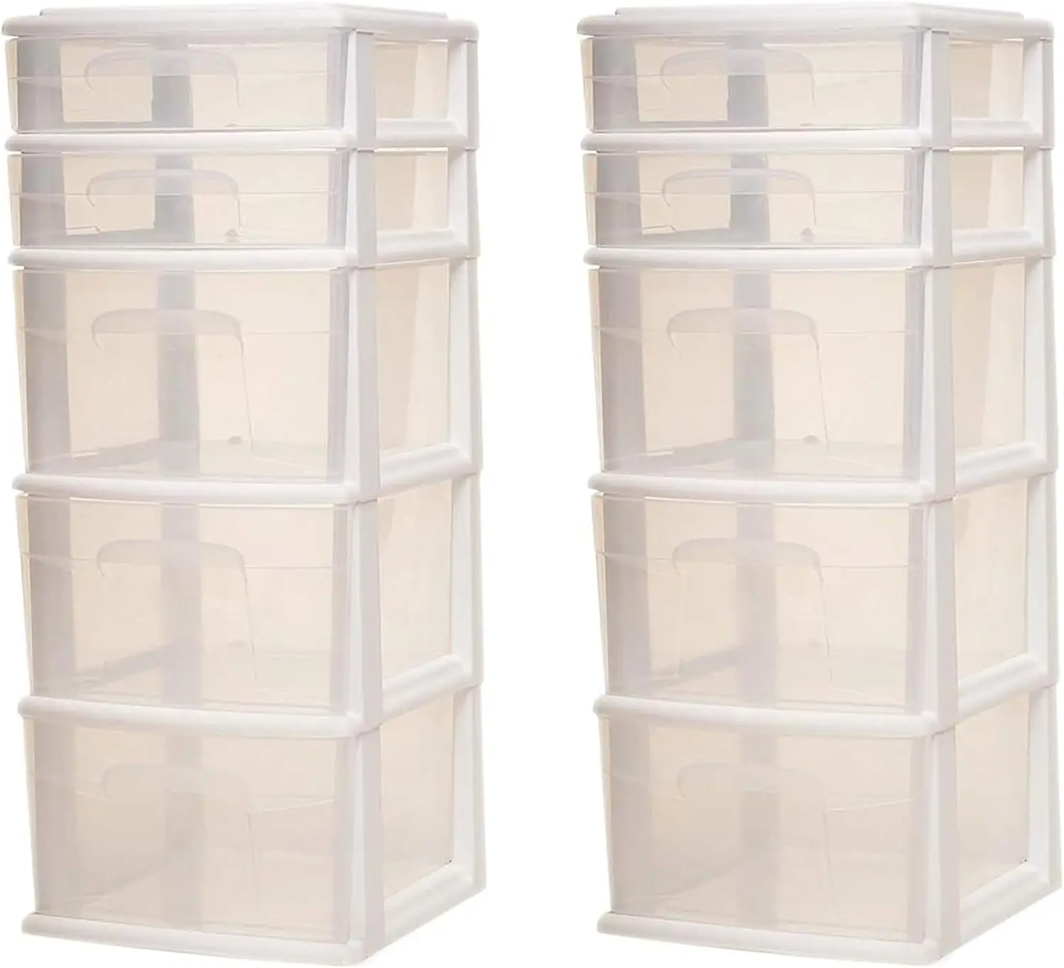 Clear Plastic Storage Container Tower, torre média com 3 grandes gavetas e 2 pequenas gavetas, moldura branca, 2 Pack, 5 gavetas