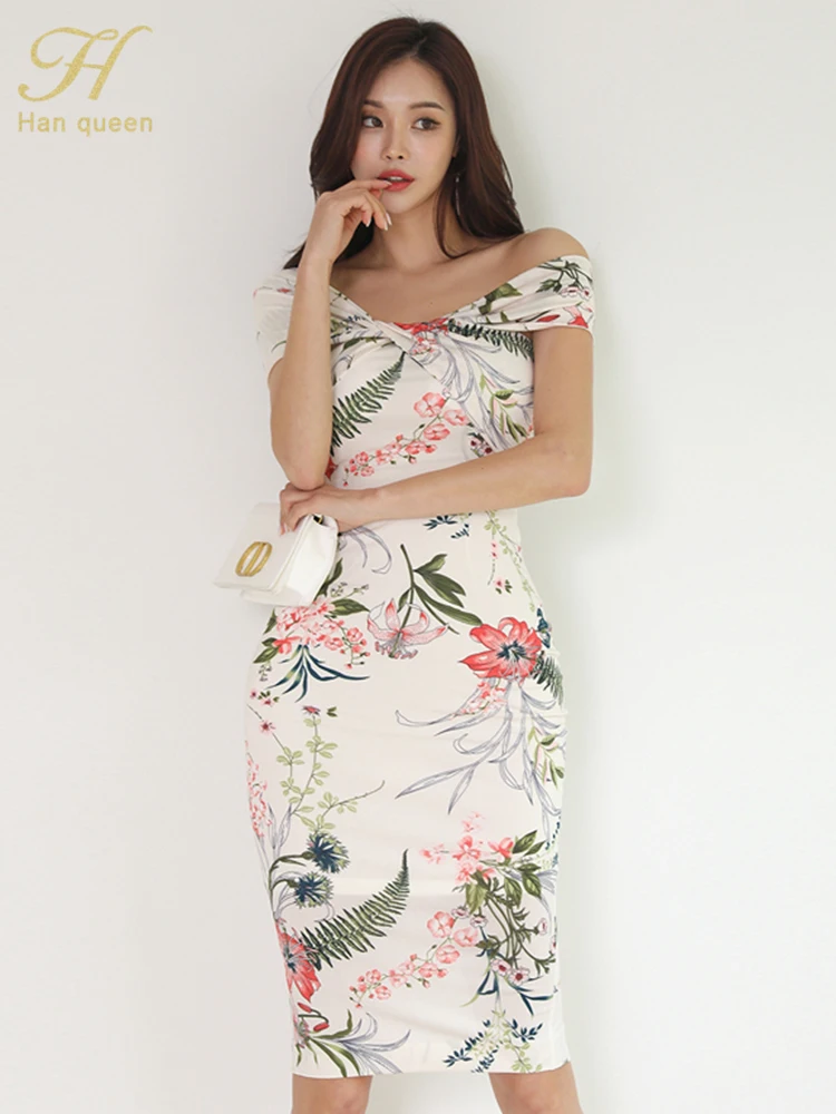 H Han Queen 2024 Korean Womens Dresses Sexy Slash Neck Elegant Pencil Party Dress Simple Sheath Bodycon Woman Clothing Vestidos
