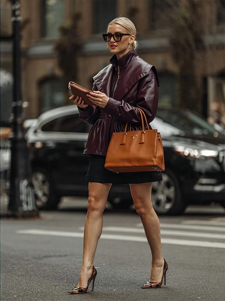 المرأة بولي Leather الجلود الصلبة سترة معطف كم كامل الوقوف طوق الإناث سترة ضئيلة 2025 الخريف الشتاء Vintage 2 في 1 سيدة أبلى