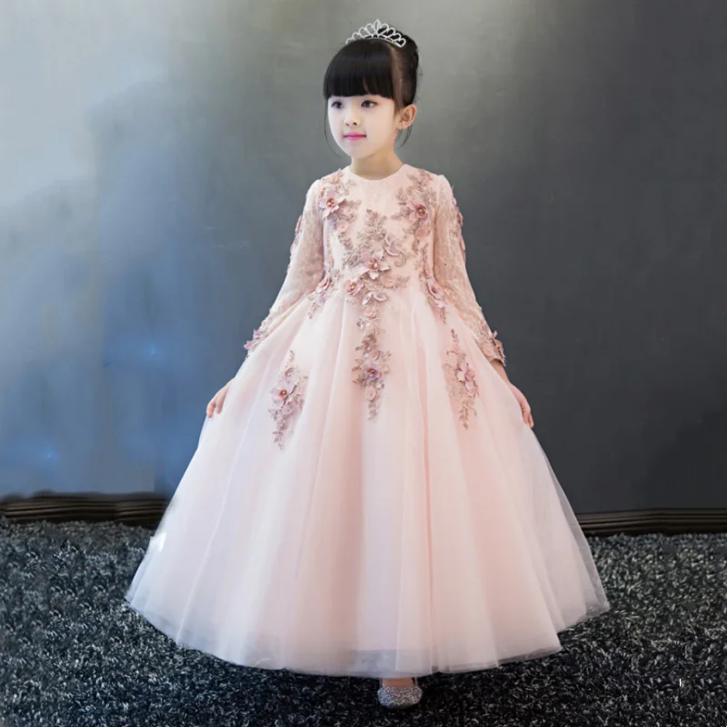 New Arrival Pink Tulle Exquisite Lace Princess Girl Dresses Ankle Length Baptism Party Prom Dress Girls Wedding Birthday Gown