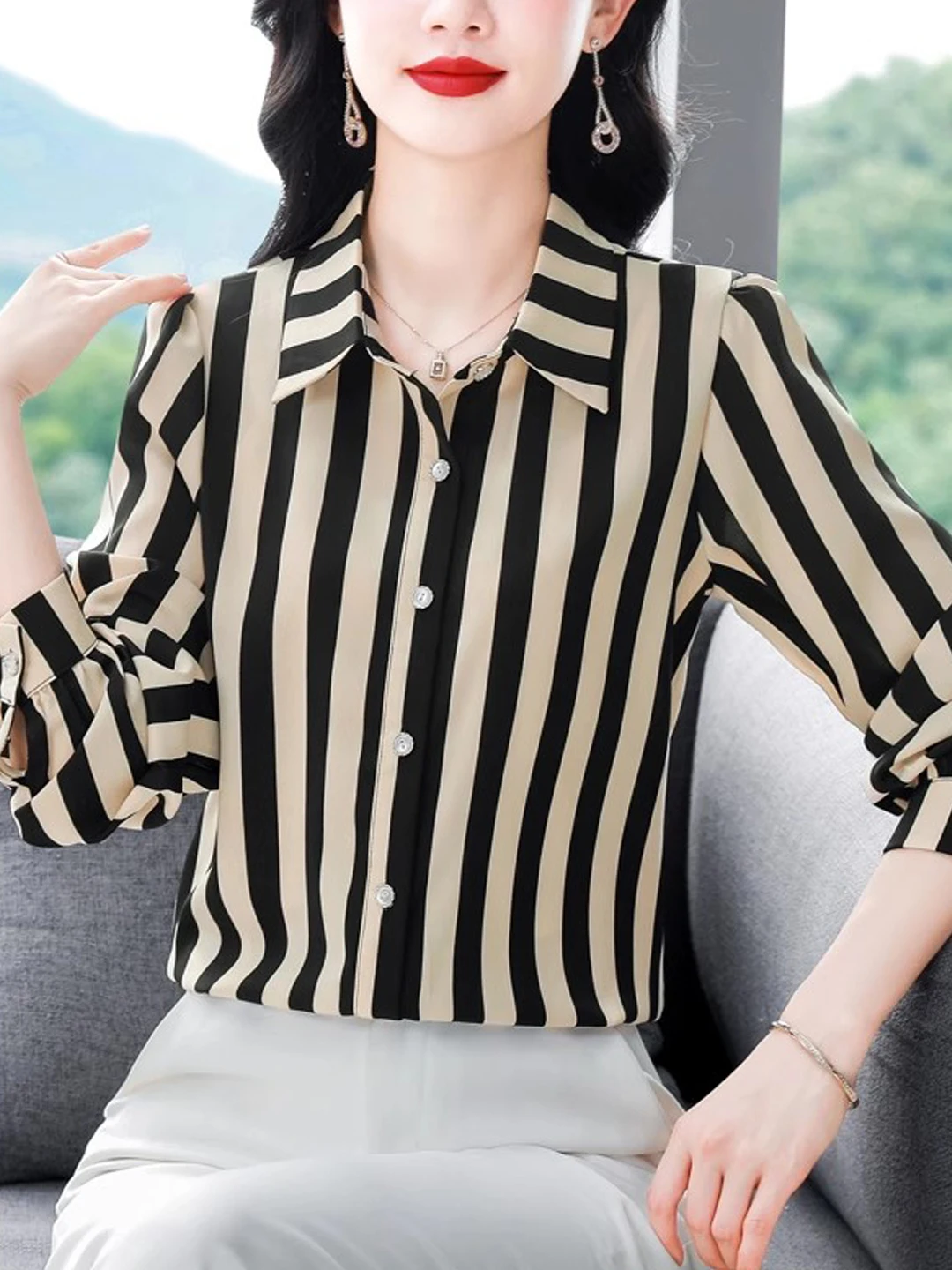 

Spring Autumn New Single Button Ladies Chiffon irt Design Long Sve Belly Cover Small Stripe irt Versatile Straight Cut