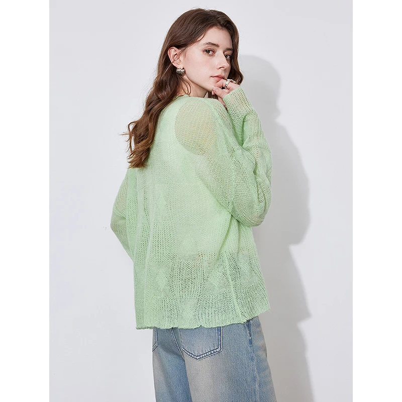 TOYOUTH Women Knitted Sweater 2025 Spring New Thin Hairy Soft Glutinous Green Grass Sweater Pullover Tops