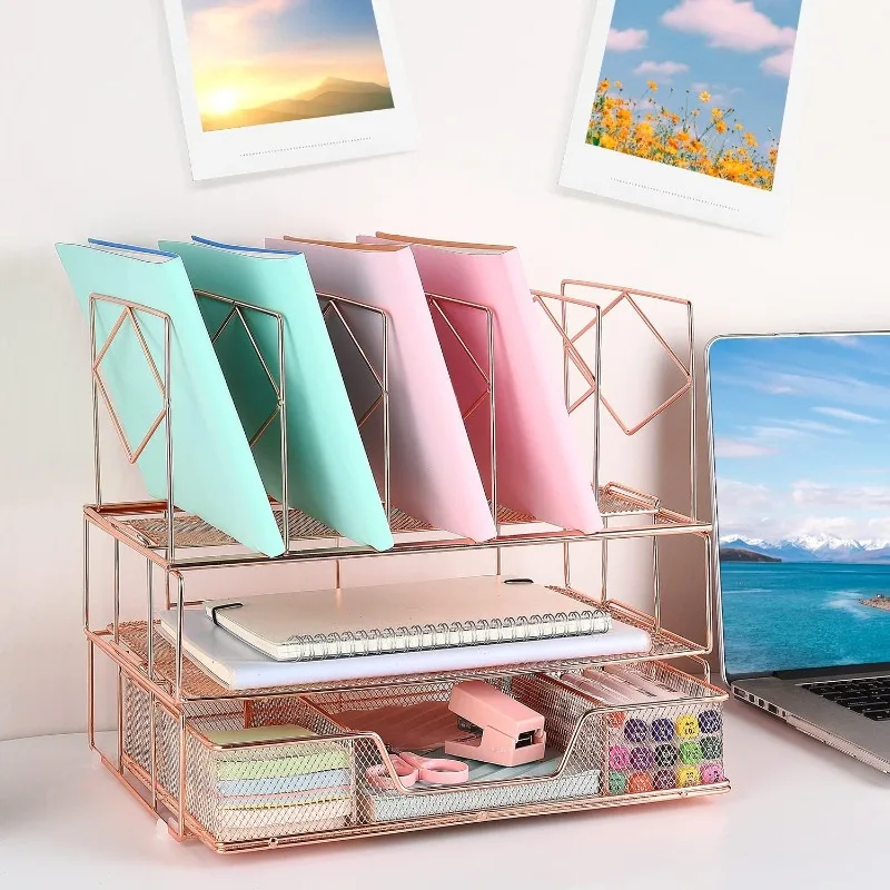 

Desk Organizers And Accessories, Office Supplies Desk Organizer With Sliding Drawer, Double Tray And 5 Upright Section