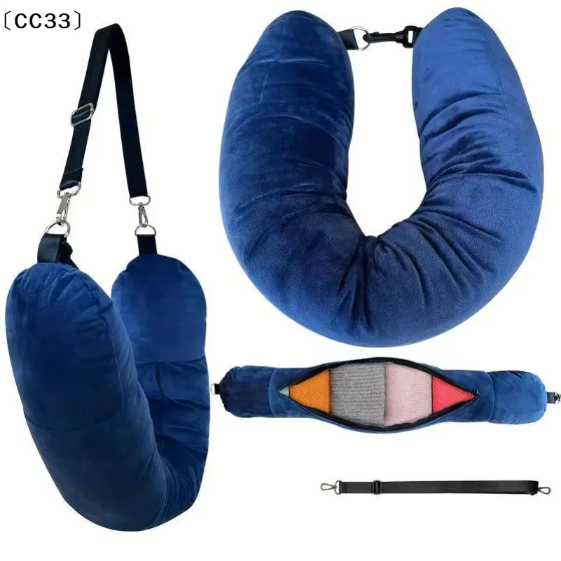 Neck Pillow With Fillable Clothing Storage Bag U-Shaped Pillowcase Crystal Fleece Neck Pillow Cover For Airplane Travel〔CC33〕