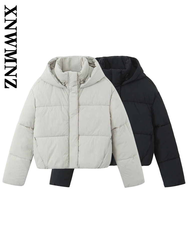 XNWMNZ 2024 Autumn Lady Commuting Hooded Collar Jacket Hoodie Vintage Winter Woman's Long Sleeve Padded Jacket Thick Top Coat