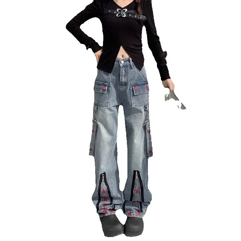 

Новые летние женские джинсы с высокой талией в американском стиле High Street со звездами и принтом, свободные тонкие широкие брюки на молнии и пуговицах Tide