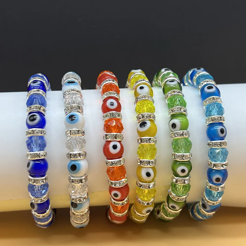 1pcs Turkish Evil Eye Crystal Beaded Stretch Bracelet with Rhinestone Spacers - 6 Vibrant Colors, Lucky Protection Jewelry