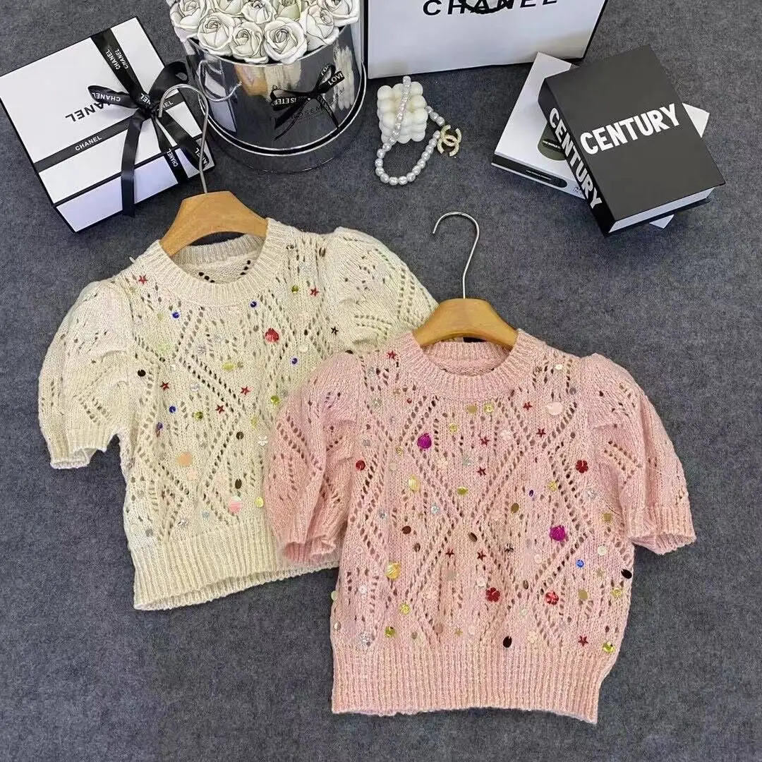 

Heavy industry Sequin Knitted Short Sleeve Sweater Women Spring Summer 2024 New High Quality Hollow Out Casual T Shirt Top X968