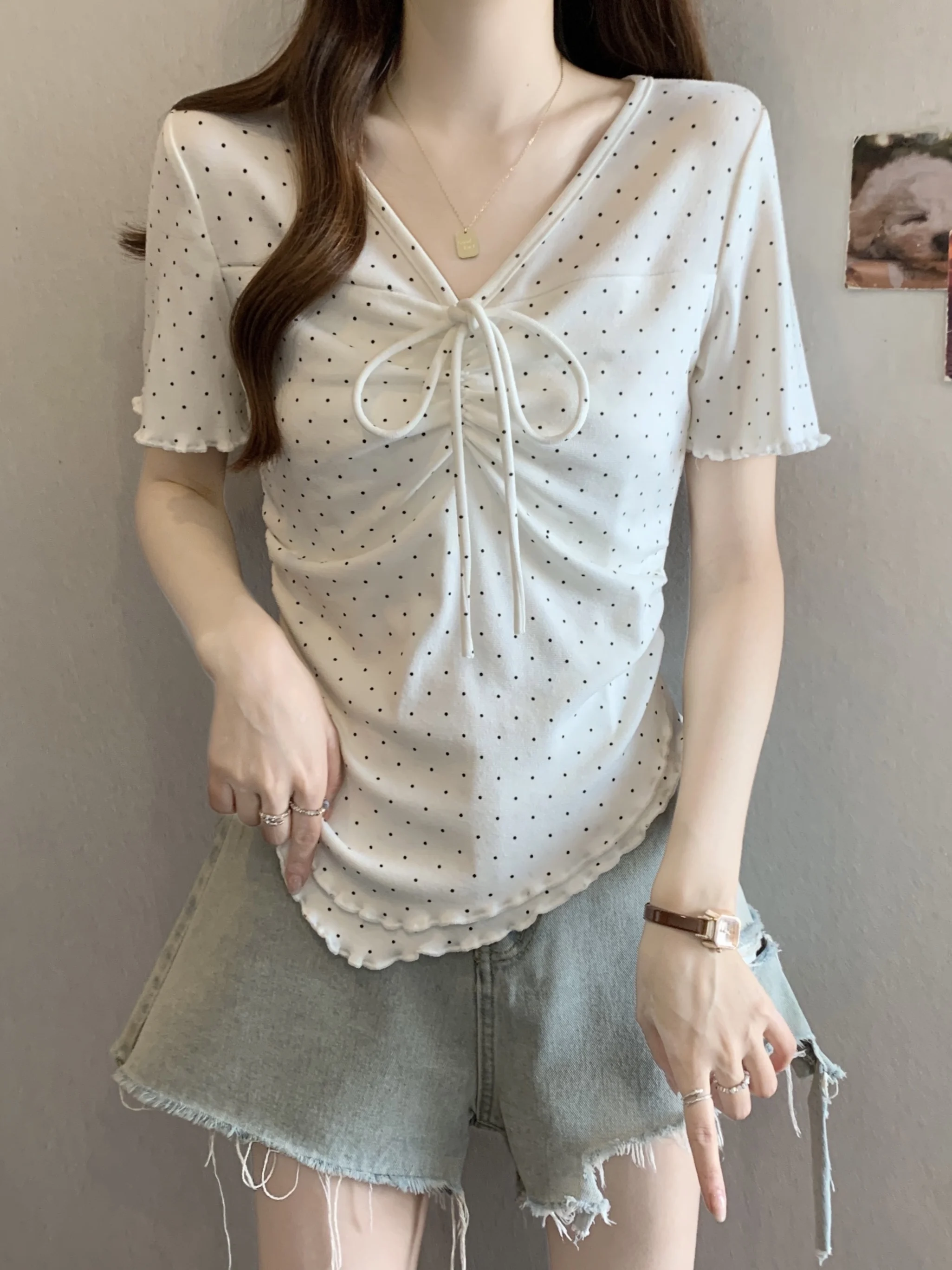 

plus Size Casual Simple Summer T-Shirt Women V-Neck Bow Knot Print Asymmetrical Cotton Short Sleeve High Waist