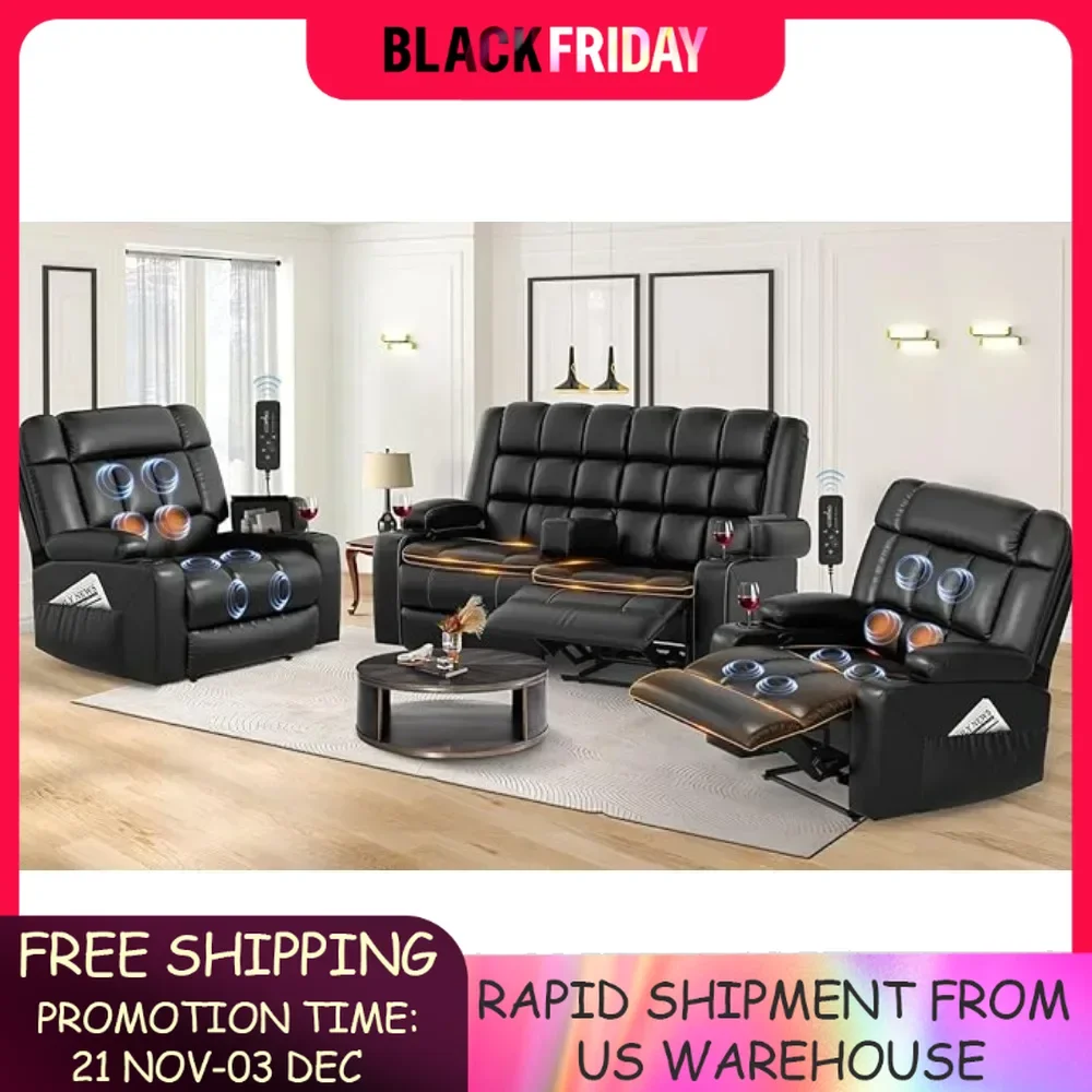 

Reclining Sofa and Loveseat Set, Heat Massage, Removable Console, Storage Armrests, Breathable Faux Leather Living Room Sofas.