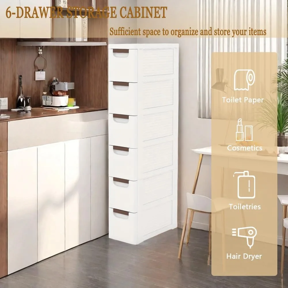 Gabinete de almacenamiento estrecho de 6 niveles con cajones delgados, organizador de plástico con ruedas para baño y sala de estar