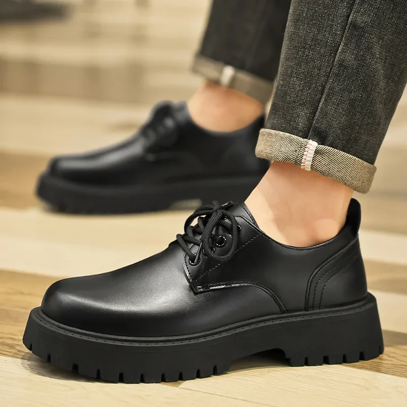 Autumn2024 New Men's Business Waterproof Black Leather Shoes Chef's Shoes Korean Style Versatile Thick Bottom Work Shoes