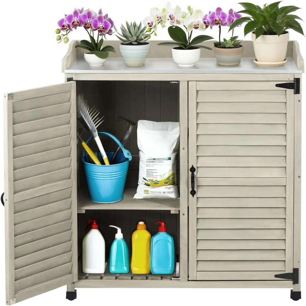 

Outdoor Potting Bench with Metal Work Top,Waterproof Garden Storage Cabinet,Wooden Tool Station Shed for Backyard,Patio,Lawn Gar