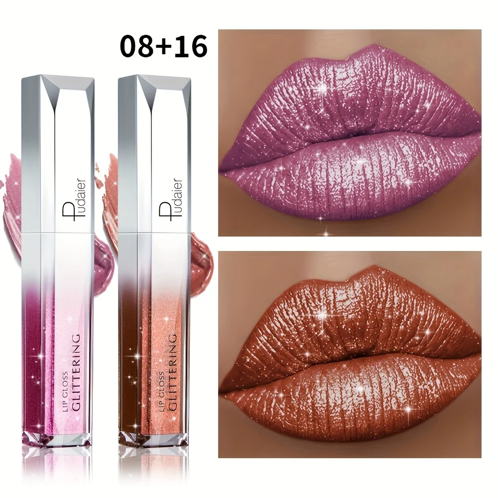 2PCS 글리터 립글로스 세트-매트 & 샤이니, 방수, 오래 지속, 끈적이지 않음, 비건 립글로스 결혼식, 파티, 데일리 메이크업용