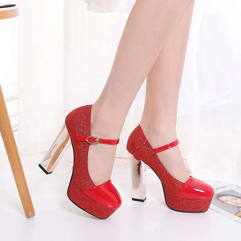 Décolleté con plateau da donna per festa di nozze in oro argento Tacchi alti Mary Jane Scarpe da donna da ufficio da sposa con punta tonda in