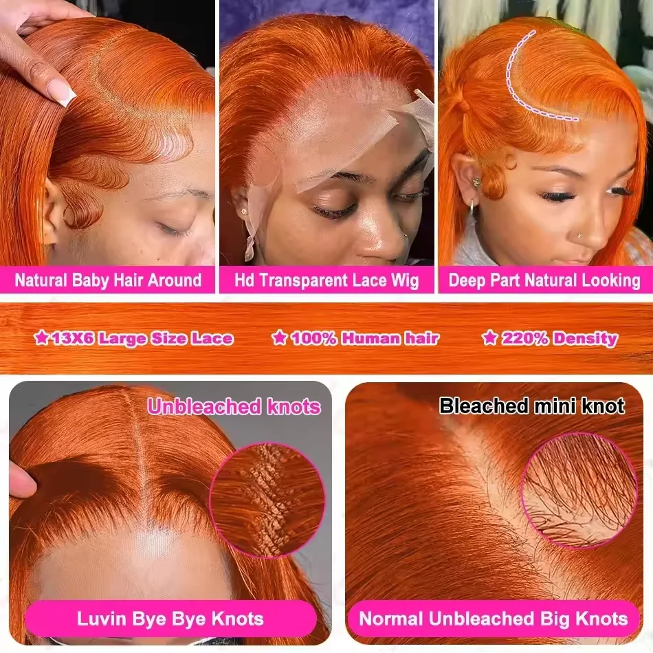 350 Ginger Orange Straight Human Hair Wigs 13X4 Hd Lace Frontal Wigs 250% Density Pre-plucked Brazilian Human Hair Wig For Women image 4