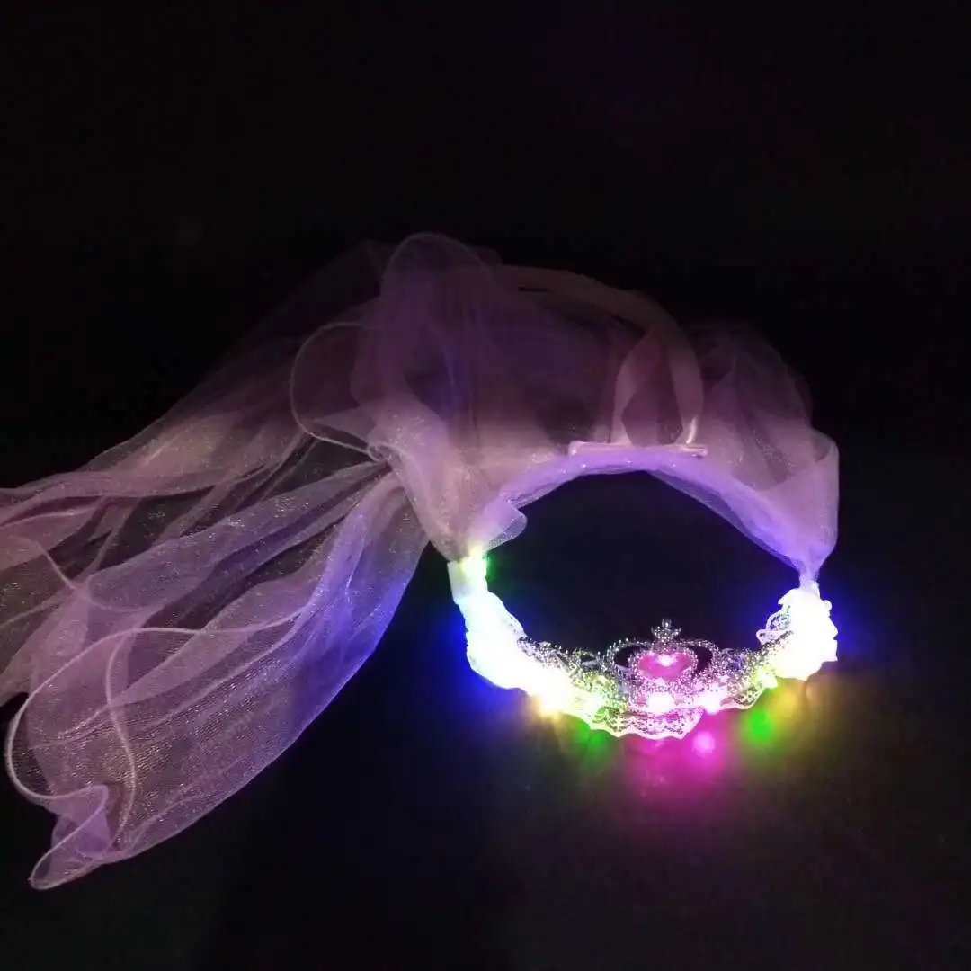 LED Light Up Girls Tulle Veil Crown Rhinestone First Communion Glow In The Dark Birthday Wedding Party Favors Festival Christmas