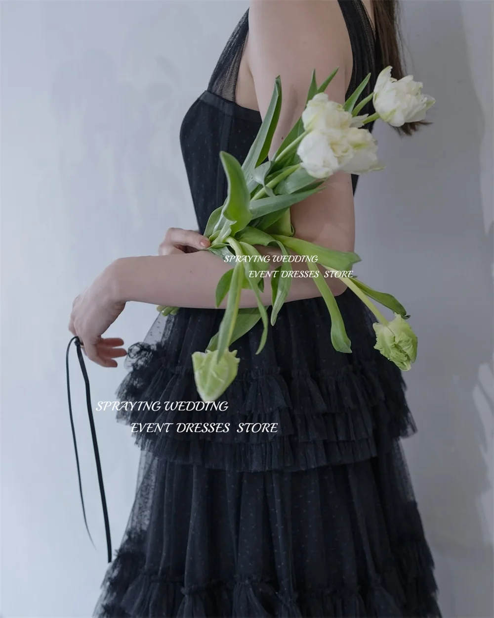 SPRYSKOWANIE Tiulowa suknia wieczorowa z dekoltem w kształcie litery V Czarny pasek Koreańska suknia ślubna do sesji zdjęciowej Luksusowy gorset o długości do podłogi Dostosowany