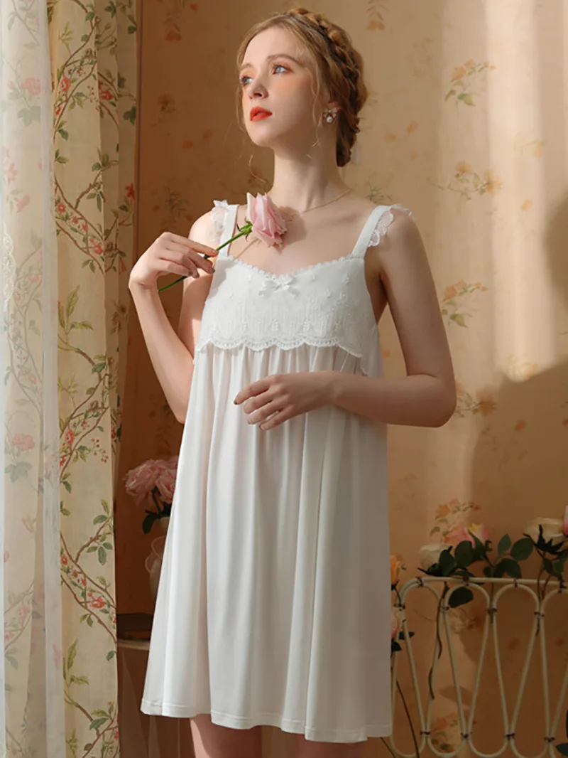 Sexy Lace Backless Victorian Nightgowns Women Summer Princess Nightdress Sleeveless Knitting Cotton Sweet Lolita Home Clothes