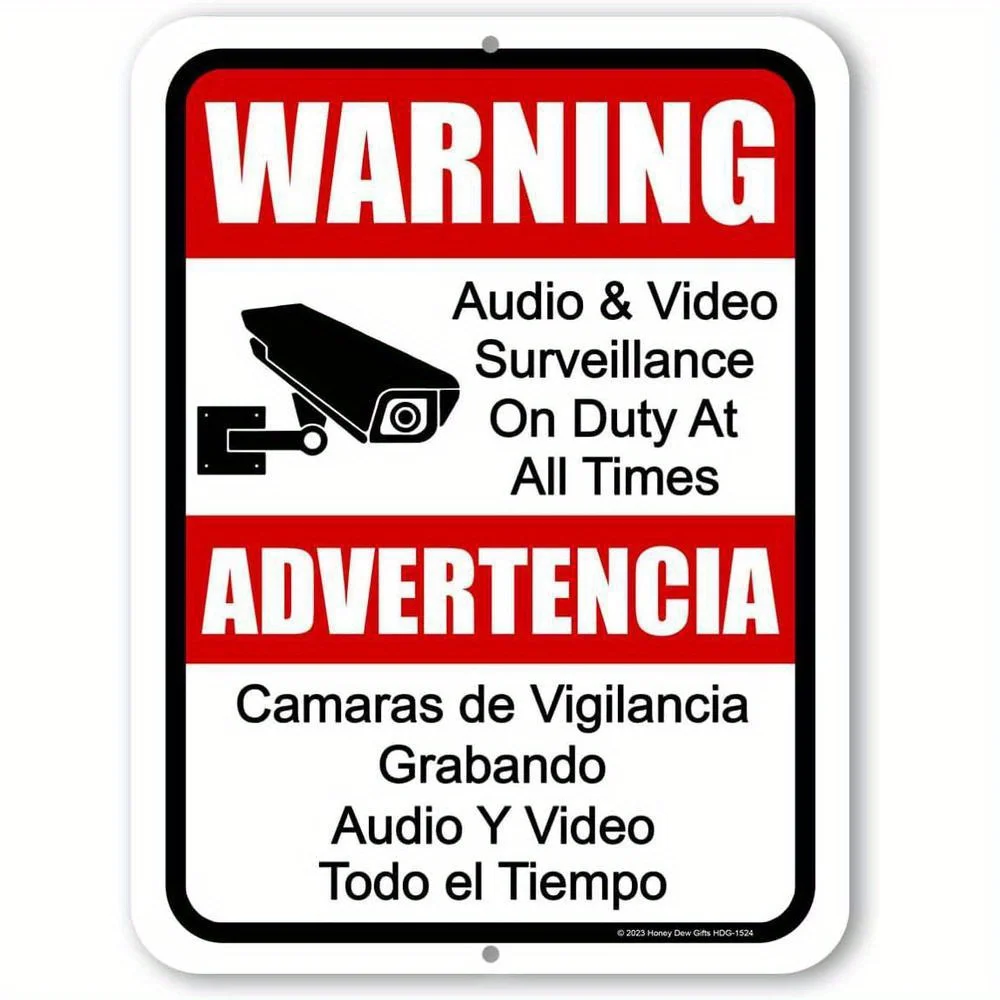 Bilingual English/Spanish Warning Security Sign - HDG-1524 Metal Wall-Mounted Surveillance Camera Sign with 24/7 Audio & Video M