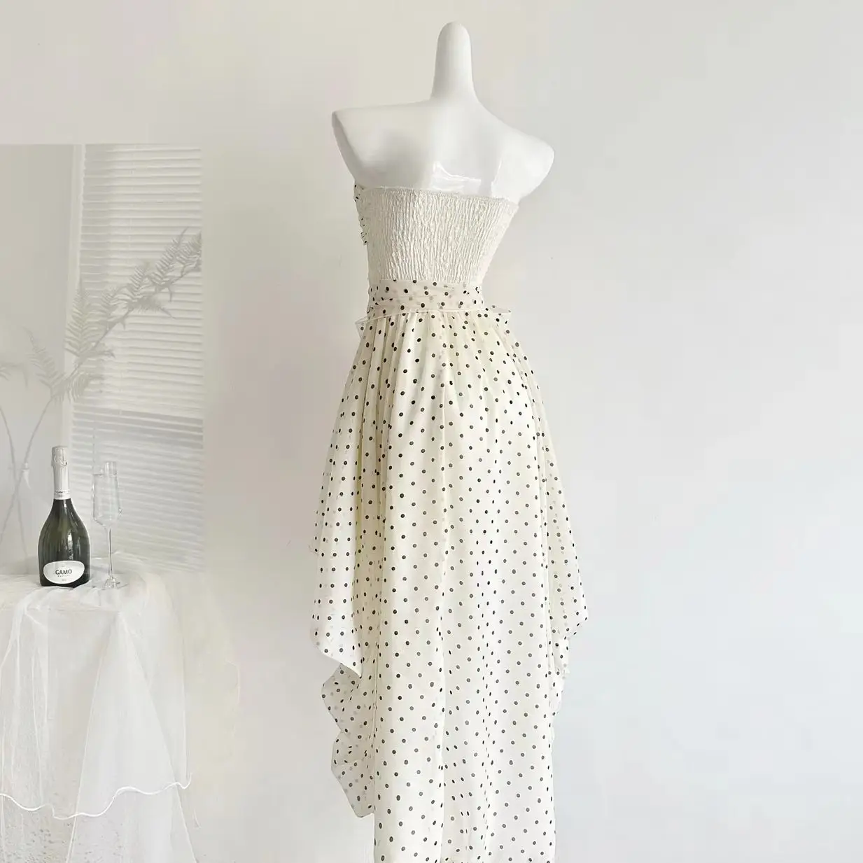 Polka Dot Strapless Irregular Dress Women Sleeveless Summer Tank Vet Long Dress Bouncy Dress Korean Chic Casual Vestidos Mujer 2