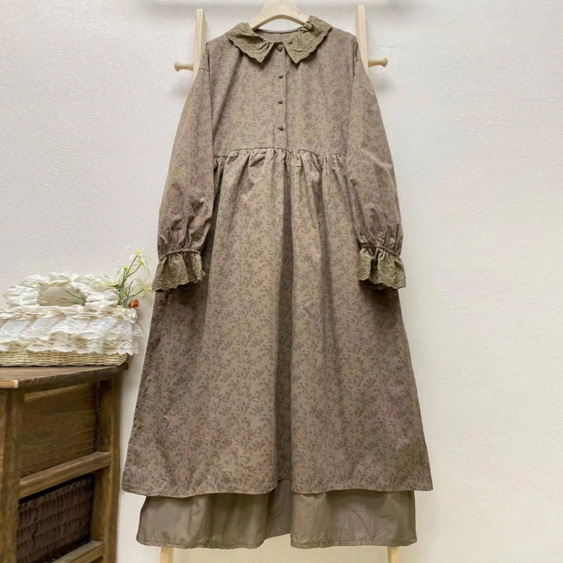 Johnature Mori Women Sweet Floral Dresses For Women 2025 New Loose Cotton Linen Turn-collar Collar Patchwork Casual Dresses