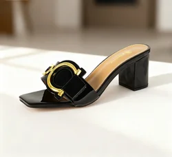 Modne damskie buty na wysokim obcasie luksusowe skórzane kapcie buty damskie z kwadratowym noskiem odpowiednie na kapcie imprezowe i bankietowe rozmiar 44