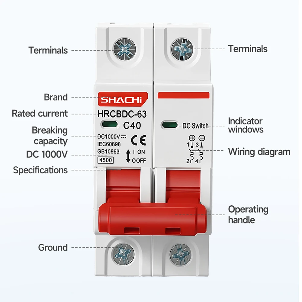 SHACHI 2P DC MCB 1000V Solar Mini Circuit Breaker 3A 6A 10A 16A 20A 25A 32A 40A 50A 63A DC MCB for PV System image 3