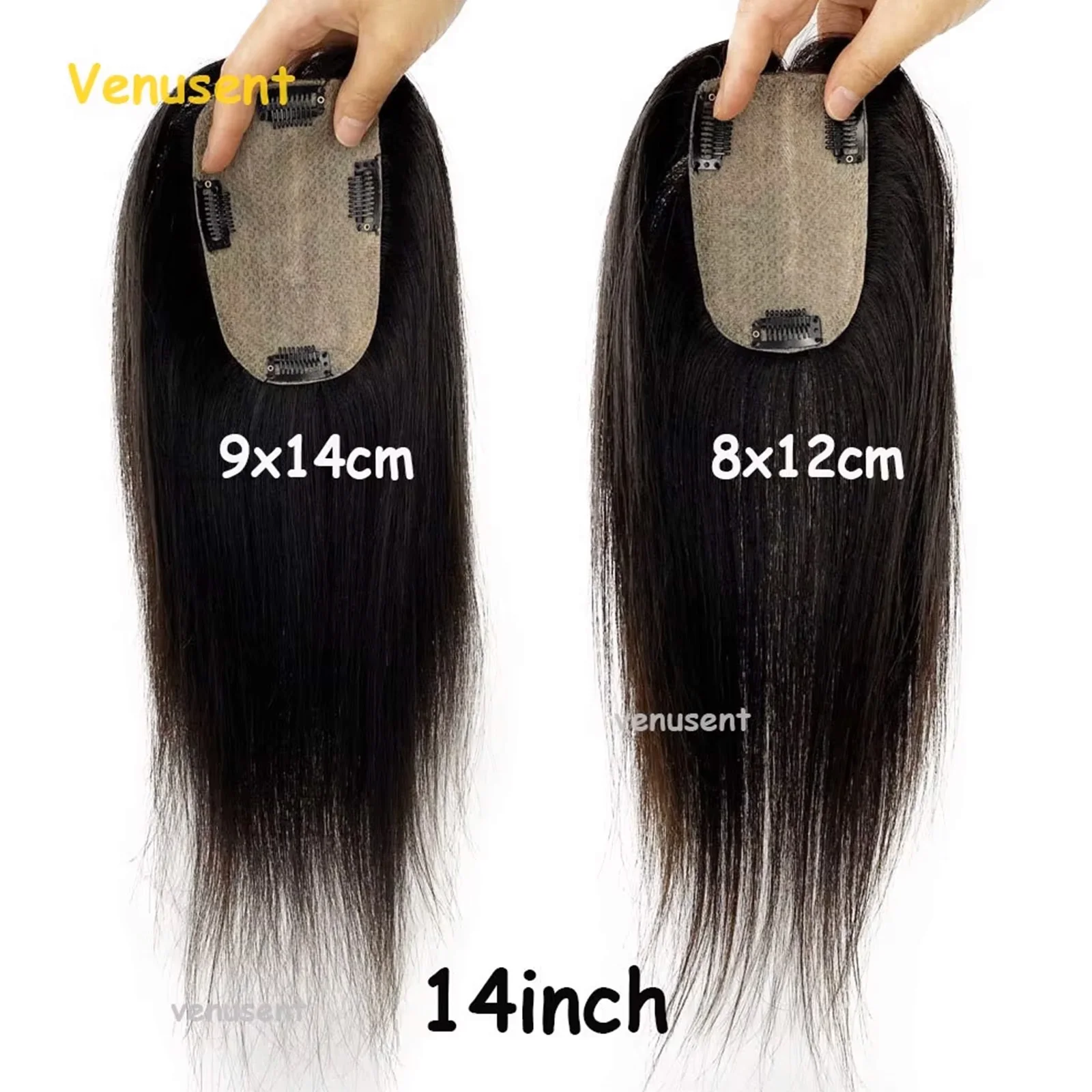 9x14cm Hair Topper Real Virgin Human Hair Soft Silk Base Hand Tied 8x12cm Natural Scalp Look Silk Top Free Part with Bangs Clips