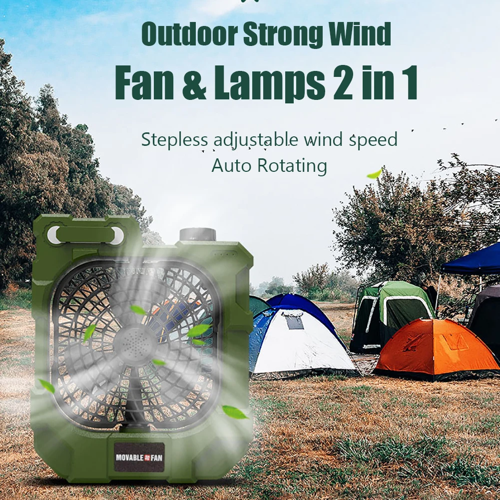 Portable Camping Tent Fan 270°Rotatable Outdoor Fan with 3 Levels Adjustable Brightness LED Light Desk Fan for Fishing Travel