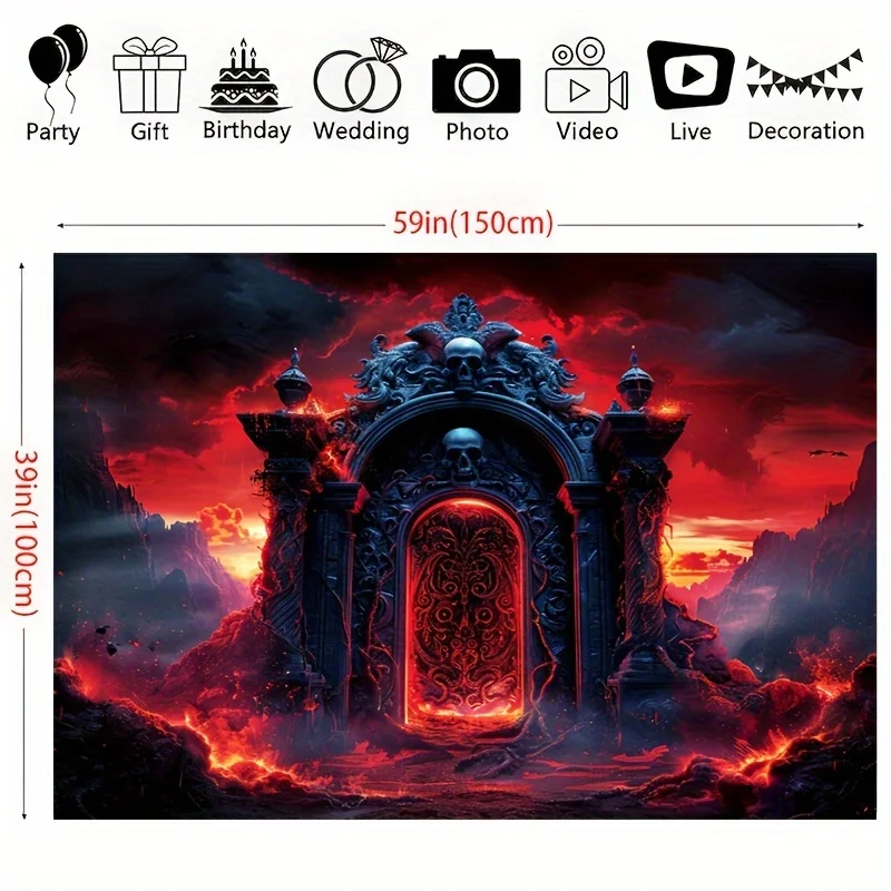 بوابة الجمجمة الغامضة. خلفية مع بوابة قوطية داكنة وأشواك وضوء أحمر جحمي وسحب ونيران.