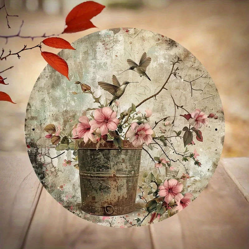 [2D Flat] 1pc Vintage Dancing Hummingbirds and Flowers Metal Sign, 7.87x7.87 Inch Round Iron Wall Art - Rustic Home, Kitchen, Ga