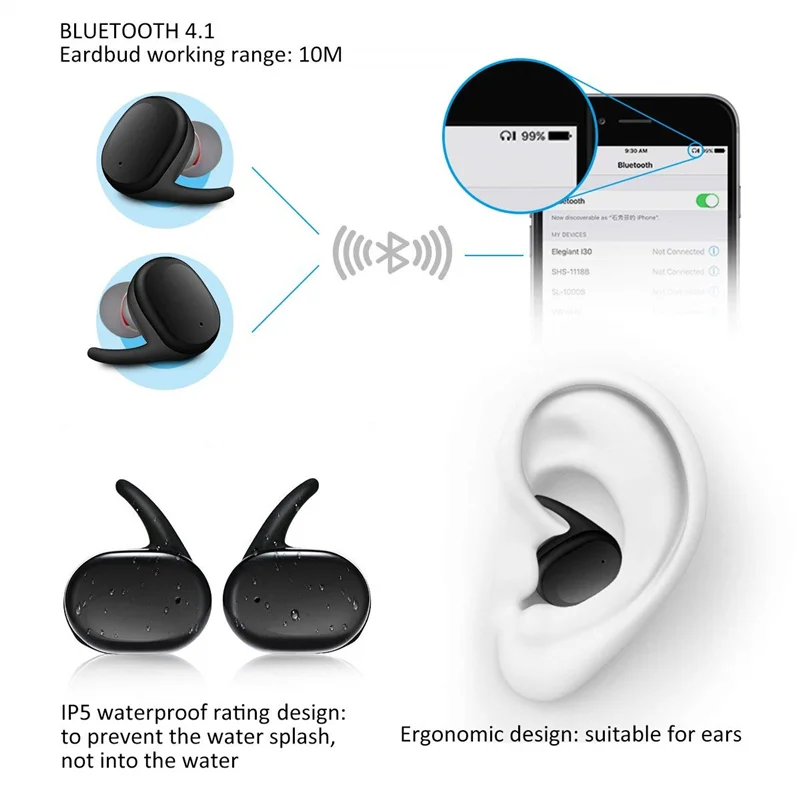 Y30 TWS 무선 이어폰 블루투스 5.0 헤드폰 HiFi 사운드 스테레오 스포츠 이어팟, 아이폰 안드로이드 폰용 마이크 포함