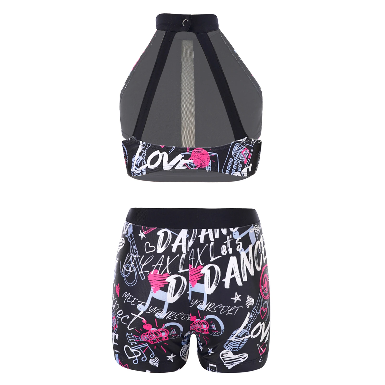 Sleeveless Gymnastics Workout Outfits Kids Girls Graffiti Print Open Back Crop Tops With Shorts Ballet Dancewear Gym Sports Set