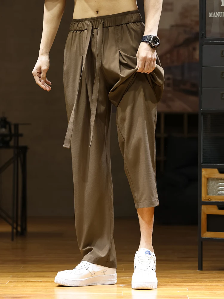 2024 New Oversize Summer Pants Men Streetwear Wide Leg Casual Ice Silk Cooling Pants Male Loose Straight Trousers Plus Size 8xl