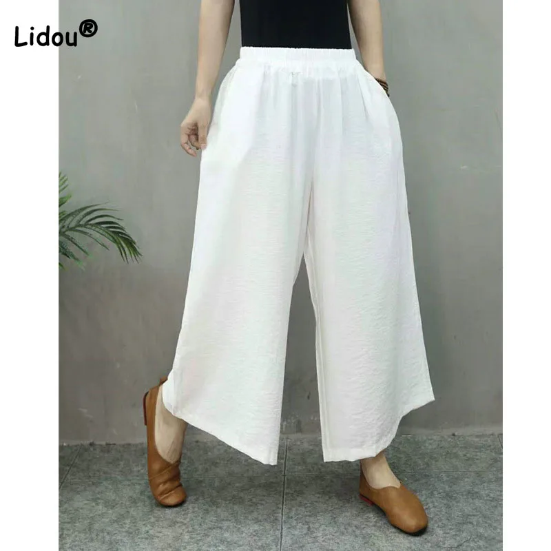 Calça larga com cintura elástica para mulheres, calça monocromática, simplicidade casual, combina com tudo, roupa feminina, moda verão