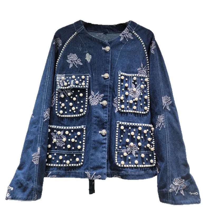 WTHT ผู้หญิงอินเทรนด์เย็บปักถักร้อยดอกไม้ Spliced Pearl DENIM แจ็คเก็ต 2025 ฤดูใบไม้ร่วงแขนยาวหลวมหญิง 1LS2221
