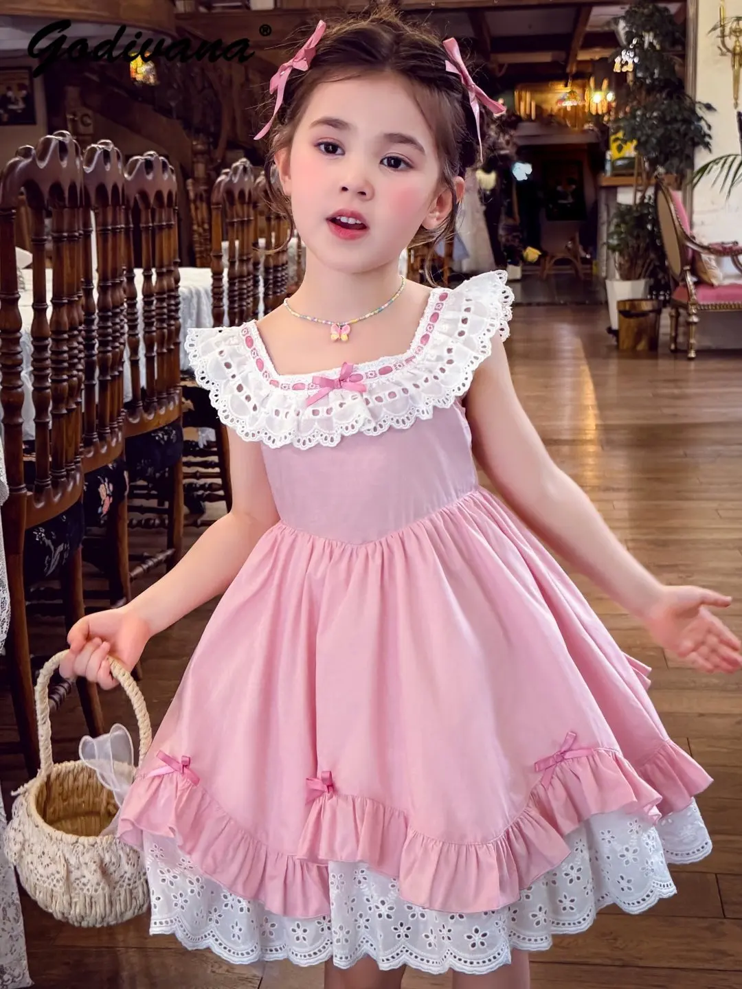 Sweet Little Girls Pink Lace Trim Princess Dress Kids 2026 New Summer Floral Ruffle Hem Cotton Bow Sleeveless Casual Tutu Dress