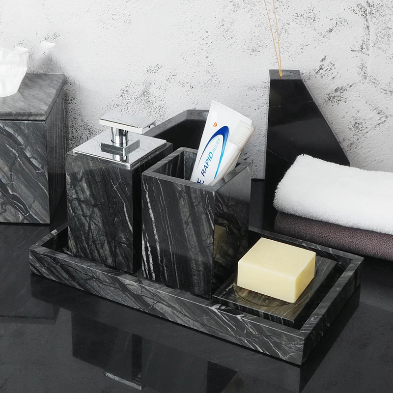 Tree Black Natural Marble Set for Bathroom Luxury Toothbrush Holder Soap Dispenser Soap Dish Tray Bathroom Accessories Sets