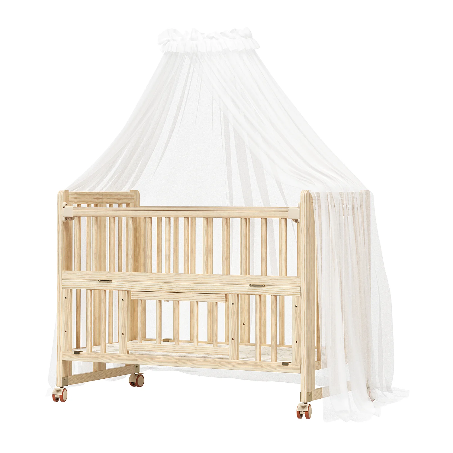 

Made in China High Quality Wooden Folding Adjustable Baby Crib Multifunctional Pine Wood Baby Bed With Mosquito Net