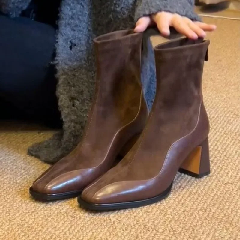 خمر سليم أشار تو كعب سميك قصير انغلق المخملية منتصف العجل مثير عبر الحدود أحذية الموضة الأحذية النسائية #5