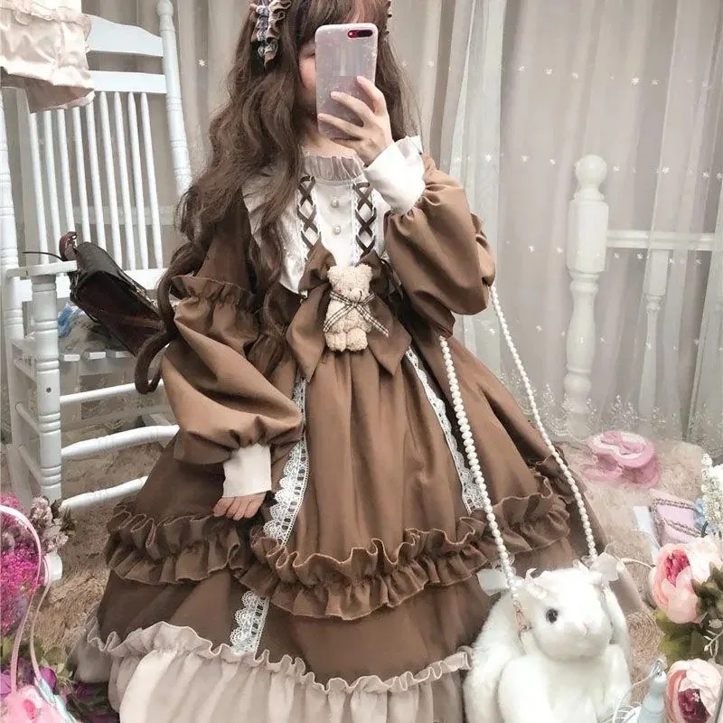 Plus Size 4xl 150Kg Japanse Gothic Lolita Jurk Vrouwen Kawaii Strik Beer Kant Blauwe Jurk Lange Mouw Oversized Prinses Jurk